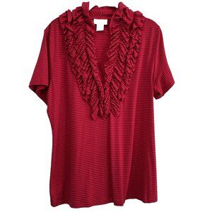 Soft Surroundings‎ Womens Top M Red Stripe Ruffled V Neck Short Sleeve Stretch